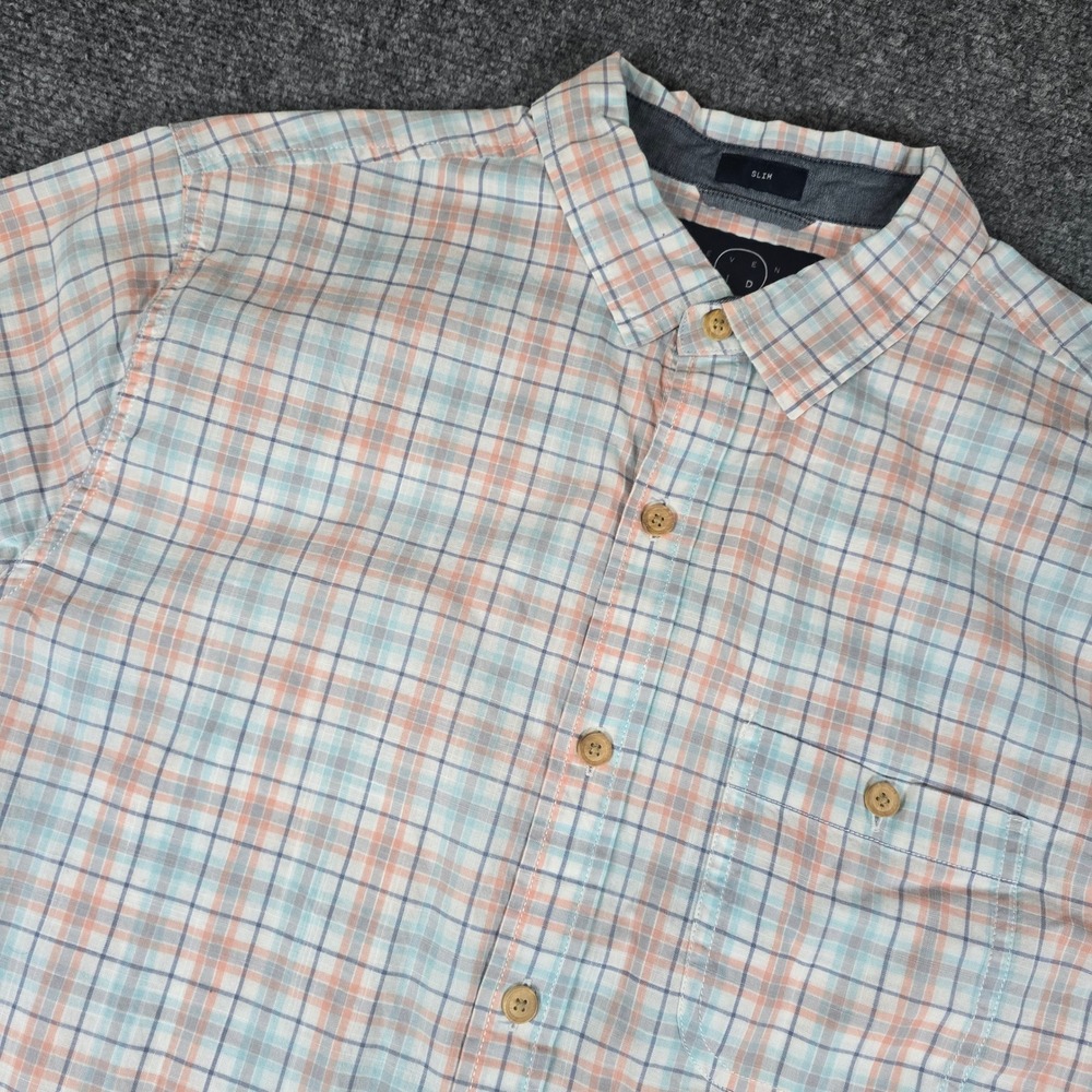 Even Tide Mens‎ Slim Fit Short Sleeve Plaid Button Down Shirt Orange Blue Large